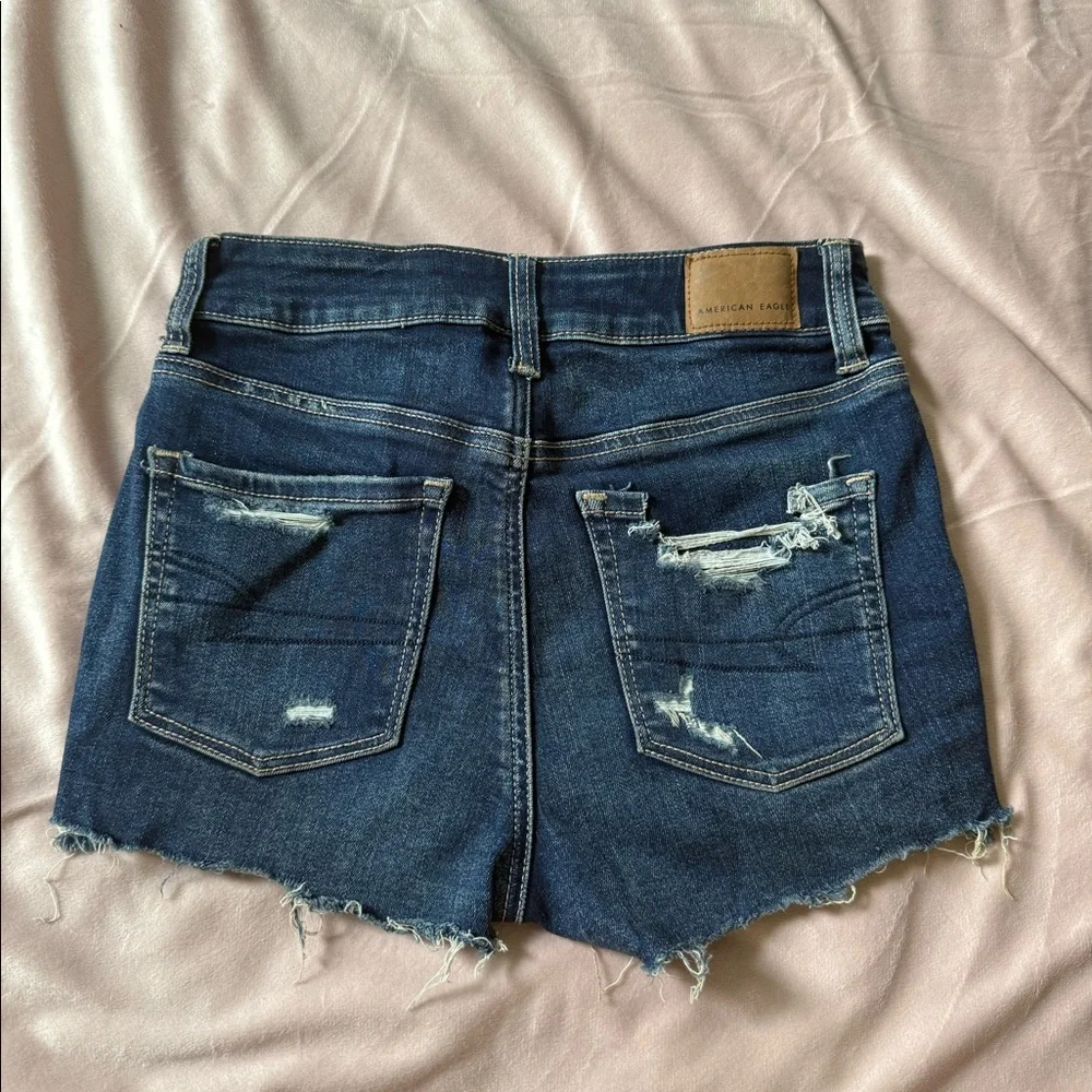 American Eagle Outfitters Dark Blue Distressed Button-Front Denim Shorts